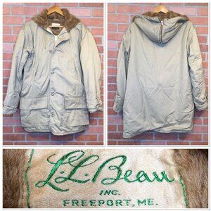 Vintage LL Bean Mens Fur Lined Parka Coat Size 44 Tan Chore Barn Work